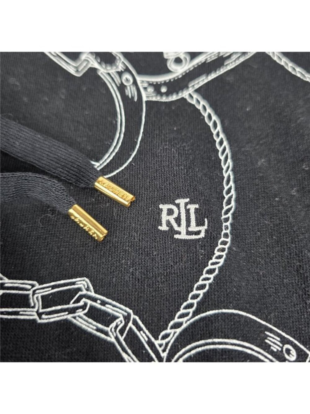 Lauren Ralph Lauren Black Chain Print Hooded Sweater Pullover RL Logo 2X - Picture 5 of 9